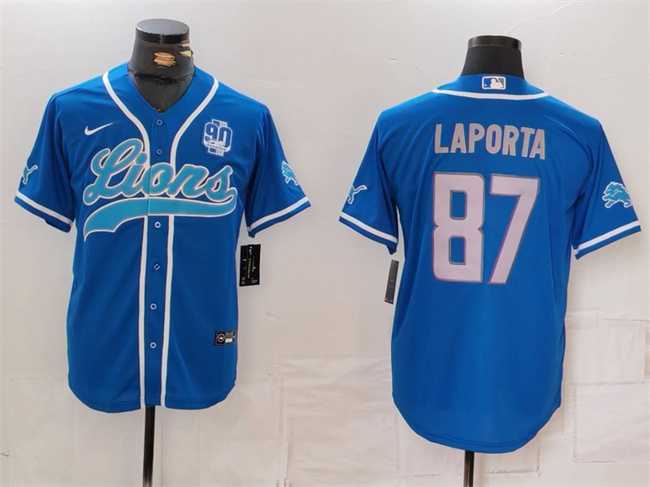 Mens Detroit Lions #87 Sam LaPorta Blue With 90th Anniversary Patch Cool Base Stitched Baseball Jersey